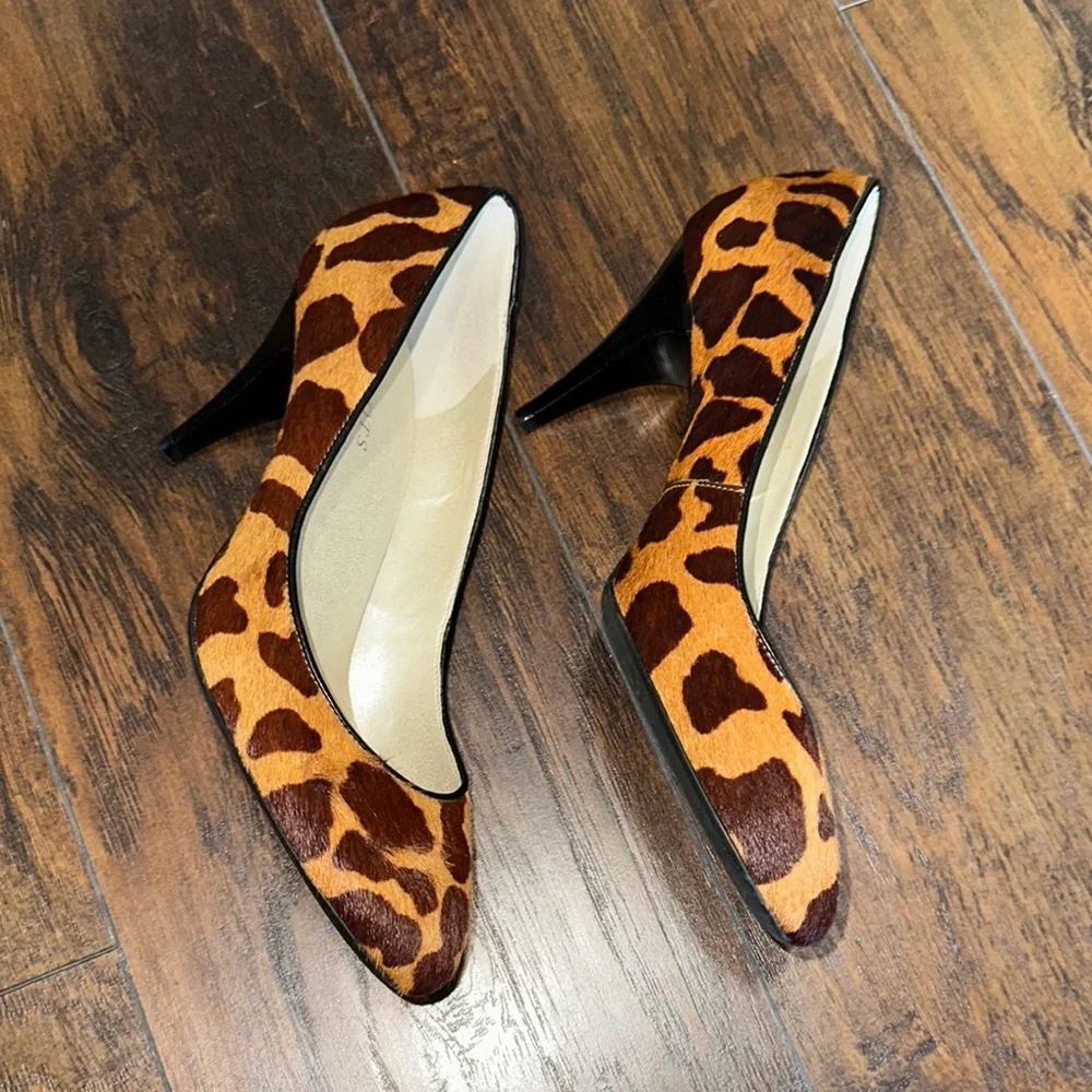 Talbots Brown Animal Cheetah Print Upper Leather Hairy Heels Black Trim 10W